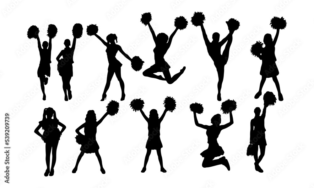 Detailed silhouette cheerleaders with pompoms