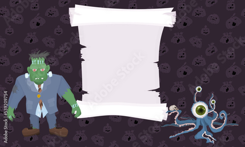 halloween scroll poster with frankenstein octopus