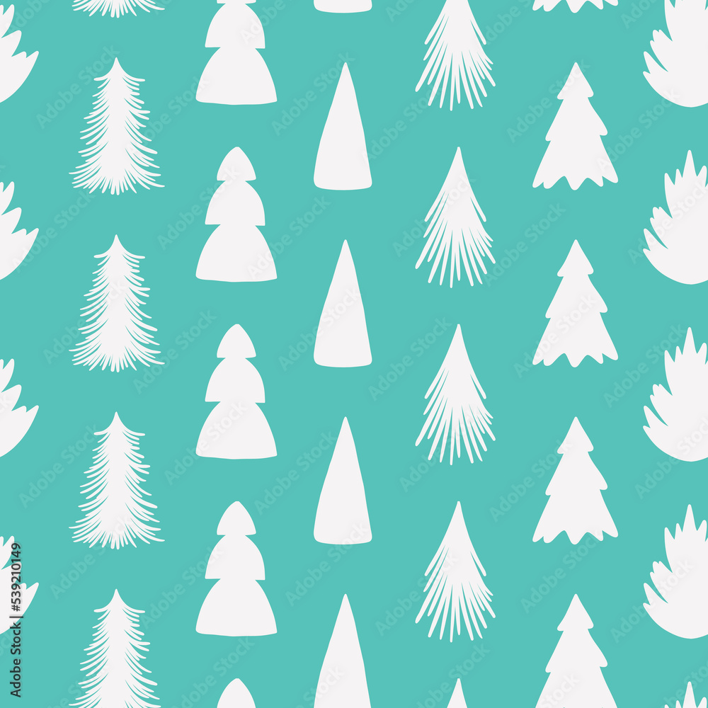 Obraz premium Merry Christmas and Happy New Year seamless pattern with various christmas tree. Modern hand draw illustrations. Colorful contemporary art