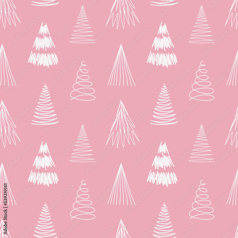 Merry Christmas and Happy New Year seamless pattern with various christmas tree. Modern hand draw illustrations. Colorful contemporary art