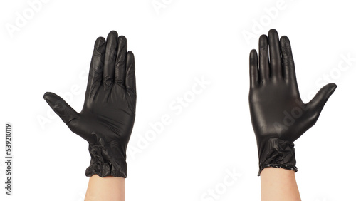 Two Hands is wear black latex gloves on transparent background.