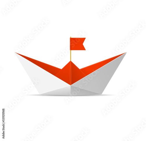 Realistic Detailed 3d Paper Boat with Red Flag. Vector