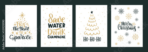 Merry Christmas and Happy New Year Set of greeting cards, posters with various trees snowflakes. Xmas Design with lettering, tree crystal, snowflakes in modern art style.Hand drawn trendy illustration