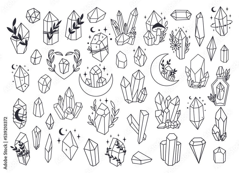 Obraz premium Set of Mystical line art esoteric crystals, gem stones, diamonds, jewelry minimalist print. Boho astrology hand draw illustration. Magic doddle for T-shirts and bags, tatoo decor element