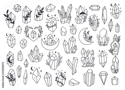 Wallpaper Mural Set of Mystical line art esoteric crystals, gem stones, diamonds, jewelry minimalist print. Boho astrology hand draw illustration. Magic doddle for T-shirts and bags, tatoo decor element Torontodigital.ca
