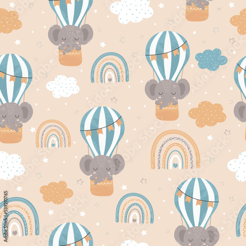 Children's illustration, seamless pattern with a little elephant on a balloon. For posters for children's room, postcards, banners. Vector