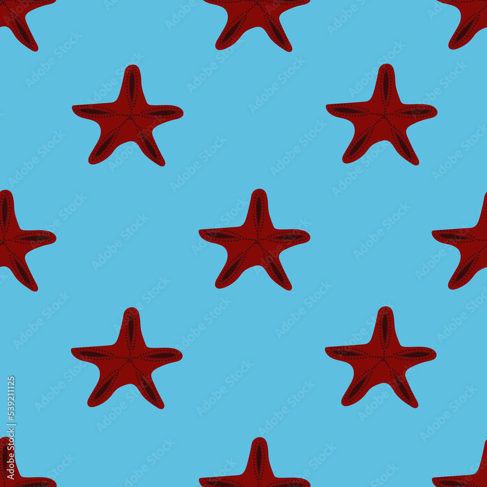 Seamless pattern with starfishes. Beautiful red coral star on blue background. Summer print with tropical sea animal for wallpaper. Seamless pattern with starfishes. Beautiful red coral star on blue background. Summer print with tropical sea animal for wallpaper.