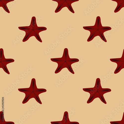 Seamless pattern with starfishes. Beautiful red coral star on sand background. Summer print with tropical sea animal for wallpaper.