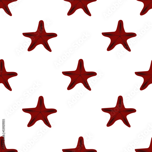 Seamless pattern with starfishes. Beautiful red coral star on white background. Summer print with tropical sea animal for wallpaper.
