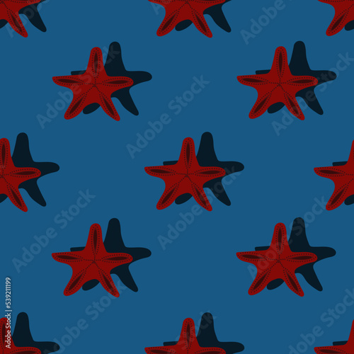 Seamless pattern with 3d starfishes. Beautiful red coral star on blue background. Summer print with tropical sea animal for wallpaper.