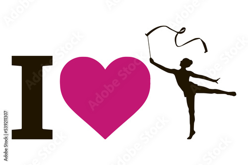I love rhythmic gymnastics. Young gymnast woman dance with ribbon. Gymnast silhouette. Vector illustration