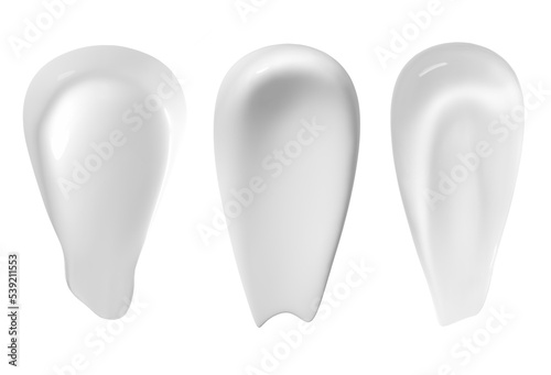Cosmetic cream isolated on white background. Set of white cream texture. Isolated smear of balm, soap or gel. Dry skin protection. Skincare for the face, hands, feet, body. Top view, close up.