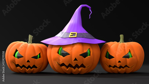 Halloween pumpkins in a purple witch hat with scary smile and green eyes on dark background. Happy Halloween background with with three evil cartoon Jack O Lantern. 3d render.
