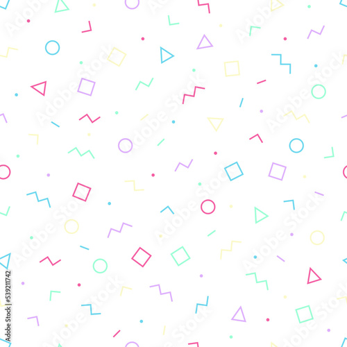 Abstract background of geometric shapes Memphis style. Vector seamless pattern with punchy colors