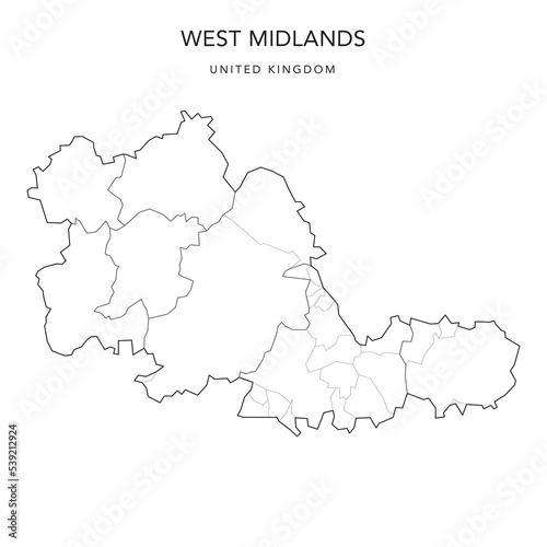 Administrative Map of West Midlands with Districts and Civil Parishes as of 2022 - United Kingdom, England - Vector Map photo