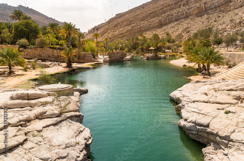 View of the Wadi Bani Khalid oasis in the desert in Sultanate of Oman.