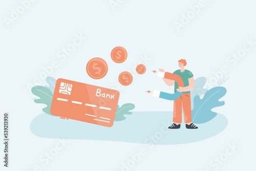 Man stealing money from credit card using magnet. Criminal attracting gold coins from bank account flat vector illustration. Banking, security, crime concept for banner, website design or landing page
