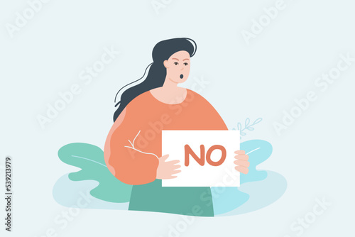 Angry woman holding sign with word no. Female character protesting or showing disapproval flat vector illustration. Protest, prohibition concept for banner, website design or landing web page