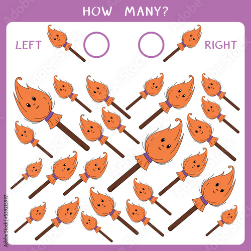 Simple educational game for kids. Count how many brooms fly left and right and write the result. Vector worksheet