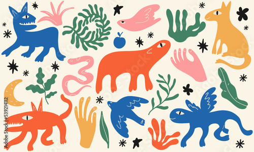 Various strange creatures, imaginary monsters. Fictional, fantastic animals. Colored cartoon vector set. Hand drawn illustration.