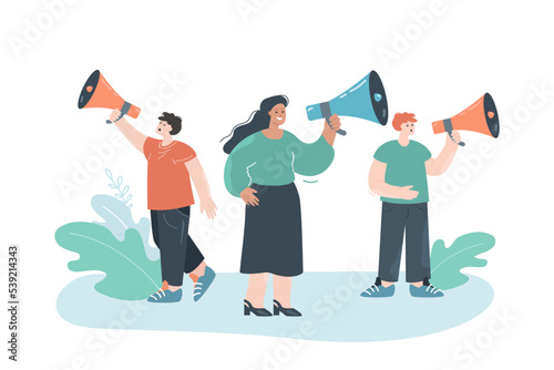 Cartoon business people talking into megaphones. Men and woman with loudspeakers making announcement flat vector illustration. Marketing, advertising, information concept for banner or landing page