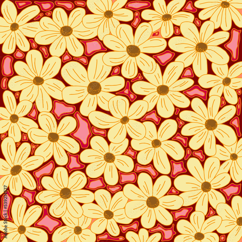 Beautiful seamless floral pattern for background and wallpaper. Abstract flowers hand-painted in retro style. Hand-drawn vector illustration.