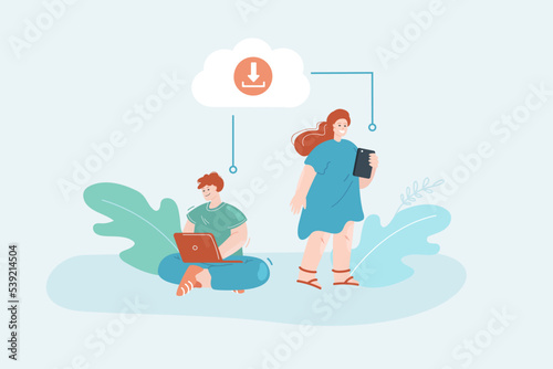 Colleagues with laptop and phone sharing files via internet. Office man and woman downloading files via online service flat vector illustration. Internet, communication, network concept for banner
