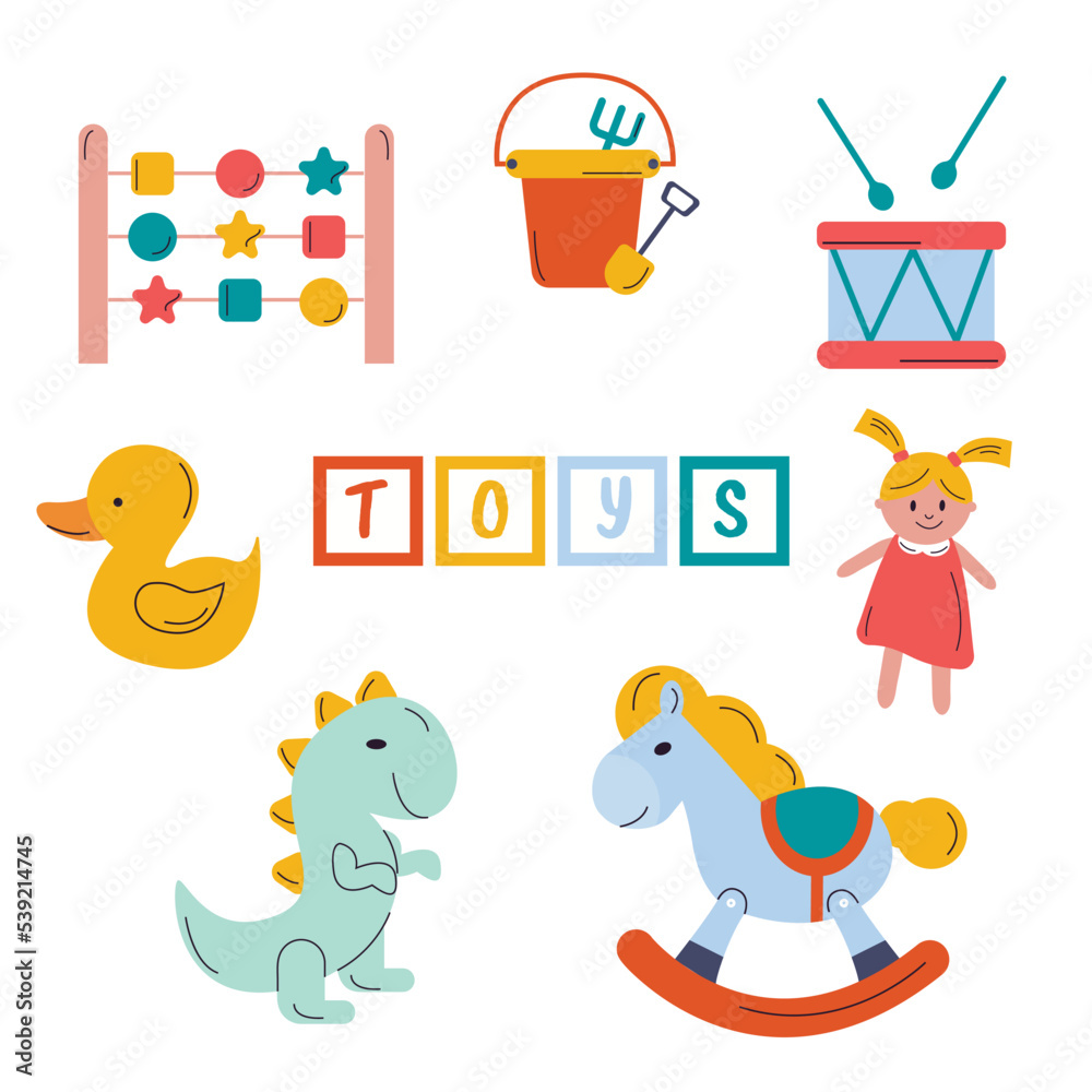 A collection of children's toys. Drum, doll, toys, dinosaur, pony, cubes A collection of children's toys. Drum, doll, toys, dinosaur, pony, cubes