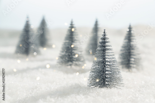 Photography abstract winter forest with blurred lights in snow, beautiful white christmas tr