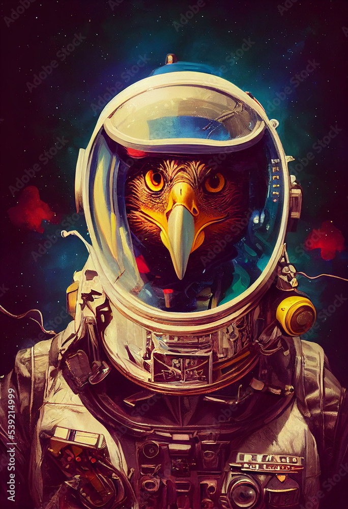 Digital art of retrofuturistic portrait of a eagle in small astro suit on space background.