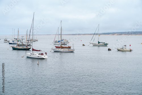 California, USA - May 18, 2018: sailing boats on the sea near old fishermanâs wharf under blue sky in the city of Monterey