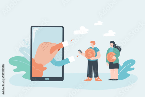 Hand on huge phone screen attracting investors with magnet. Man and woman holding gold coins flat vector illustration. Marketing, investment, social media concept for banner or landing web page