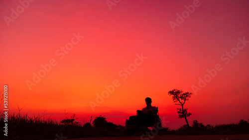 sunset in africa, safari with wild animals. giraffes against the background of sunset in the savannah.Amazing. Panorama silhouette tree in africa.with blur shadow techniques.