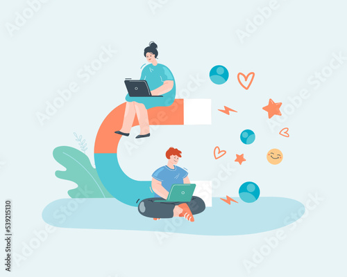 Content creators with laptops and magnet attracting followers. Freelance workers using marketing strategies on social media flat vector illustration. Creativity, communication concept for banner