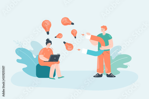 Office worker stealing ideas from colleague with magnet. Woman with laptop, man attracting lightbulbs with magnet flat vector illustration. Creativity, plagiarism concept for banner or landing page