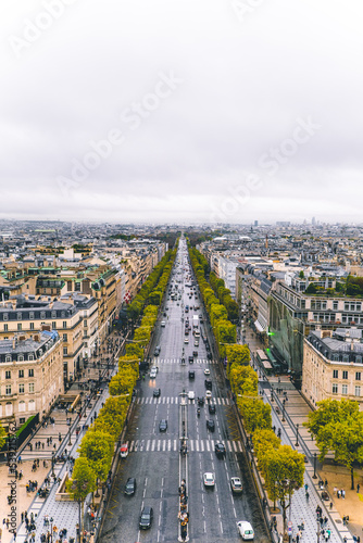 Aerial view of Paris with car traffic on the road