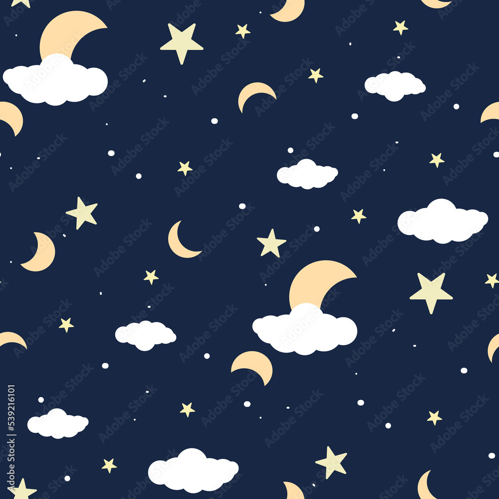 Seamless pattern of the night sky with stars, moon, clouds. Suitable for printing on textiles and paper. Gift wrapping, clothes, postcard, bed linen.