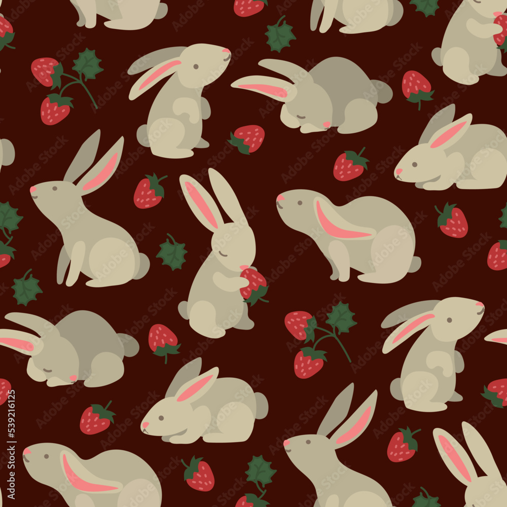 Fototapeta premium Seamless pattern of rabbits with strawberries. A cheerful hare with strawberries in the garden. Suitable for printing on textiles and paper. Gift wrapping, clothes, postcards, bed linen.
