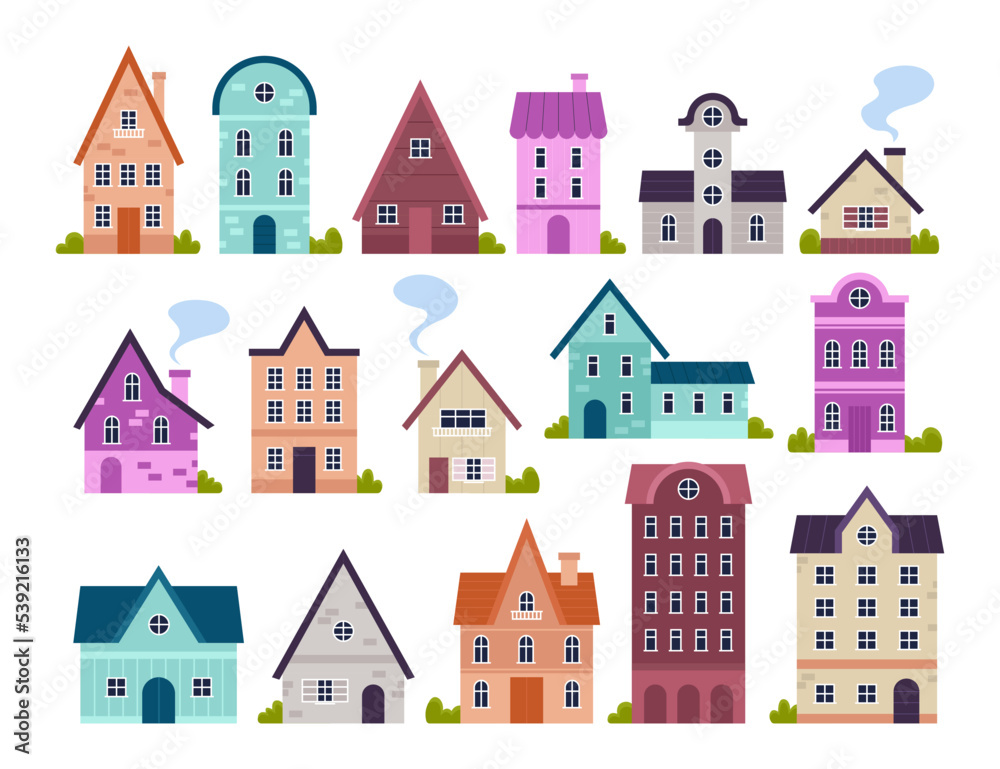 Small village houses set. Vector illustrations of various cute building exteriors. Cartoon homes with windows and doors, chimneys on roofs isolated on white. Neighbourhood, town, urban concept