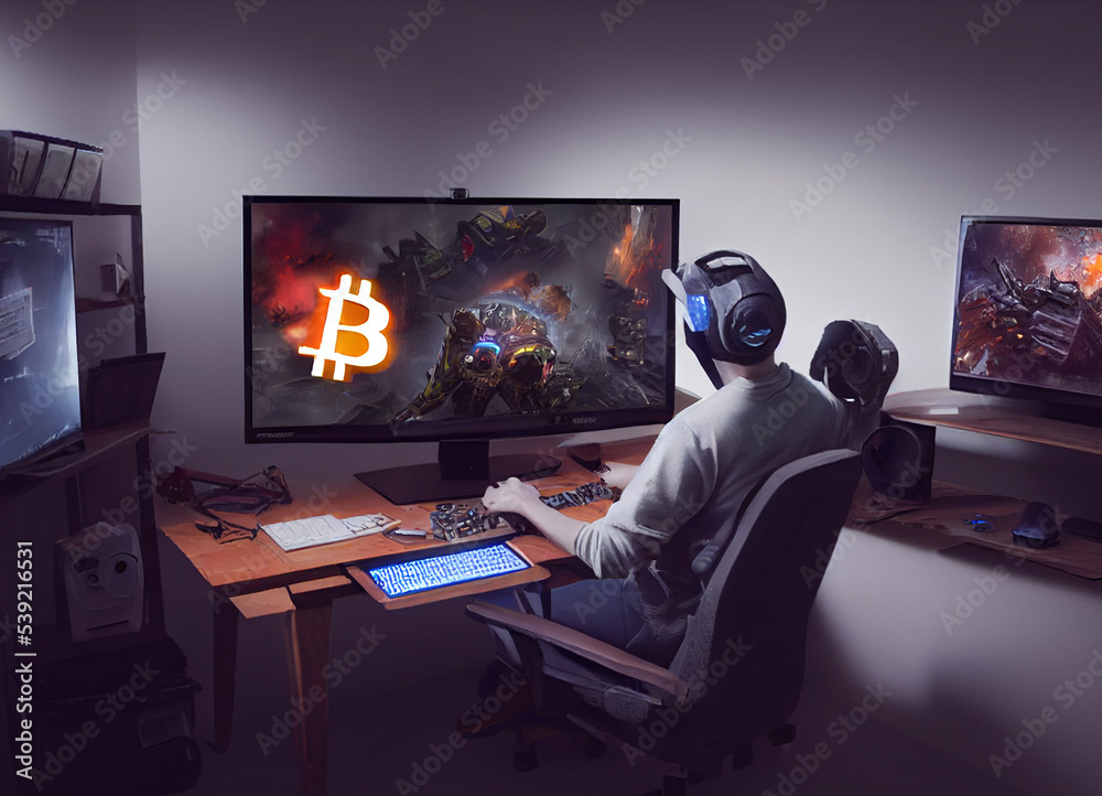 Playing computer games, gamer looking at monitor and play to earn money,  crypto gaming concept, action on the screen Stock Illustration | Adobe Stock