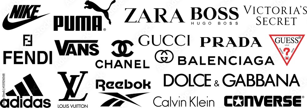 Foto Stock Logos of popular clothing brands such as: Chanel, Louis Vuitton,  Prada, Gucci, Fendi, Hugo Boss, Calvin Klein, Nike, Reebok... Logos on  transparent background for your design. PNG image | Adobe