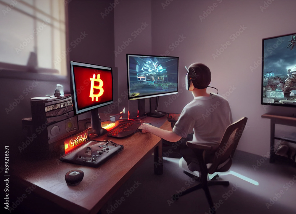 Playing computer games, gamer looking at monitor and play to earn money, crypto gaming concept, action on the screen Playing computer games, gamer looking at monitor and play to earn money, crypto gaming concept, action on the screen