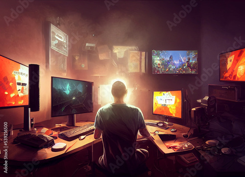 Playing computer games, gamer looking at monitor and play to earn money, crypto gaming concept, action on the screen 