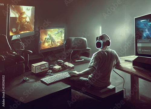 Playing computer games, gamer looking at monitor and play to earn money, crypto gaming concept, action on the screen 