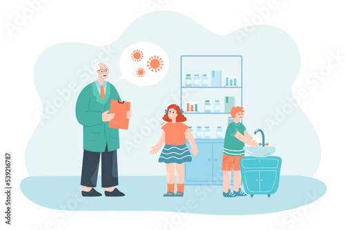 Elderly doctor talking about virus with children in office. Medical recommendations, boy washing hands in sink flat vector illustration. Hygiene, coronavirus, health concept for banner, website design