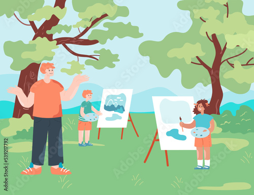 Cartoon children painting landscape on canvases in summer park. Art class in nature flat vector illustration. Education, art, entertainment concept for banner, website design or landing web page