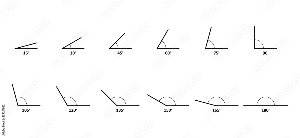 Various angles grade icon set. 15, 30, 45, 60, 75, 90, 120, 150 and 180 degree. Geometric symbol, mathematical elements isolated on white background. Educational school geometry learning materials Various angles grade icon set. 15, 30, 45, 60, 75, 90, 120, 150 and 180 degree. Geometric symbol, mathematical elements isolated on white background. Educational school geometry learning materials