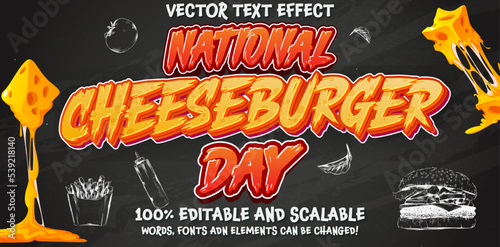 National Cheeseburger Day text. Burger cartoon. Cheeseburger vector. Important day. Editable text effect font template. National Cheeseburger Day holiday design for business logo, art, banner