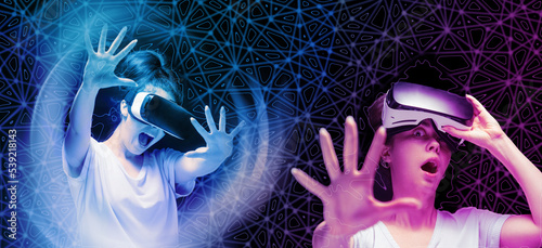 Banner of horror 3D simulation. Portrait of young had shocked screaming women removing VR glasses. Black background and neon abstracts. The concept of metaverse, virtual reality and cyberspace