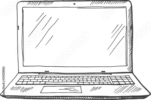 Laptop front view. Hand drawn notebook sketch